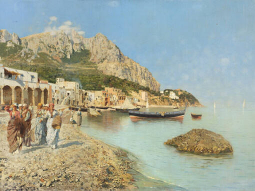 Rubens Santoro (Mongrassano, Cosenza, 1859 – Napoli, 1942) "Capri, Marina Grande" 1880 63x104,5 olio su tela Opera firmata e datata in basso a sinistra Minimi ritocchi