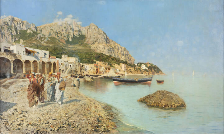 Rubens Santoro (Mongrassano, Cosenza, 1859 – Napoli, 1942) "Capri, Marina Grande" 1880 63x104,5 olio su tela Opera firmata e datata in basso a sinistra Minimi ritocchi